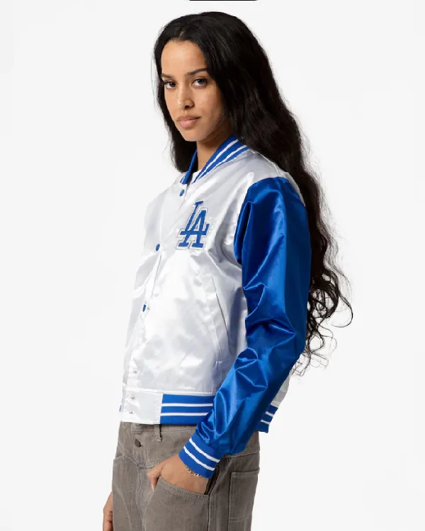 Buy Mitchell and Ness Women’s White Los Angeles Dodgers Cropped Satin Full-Snap Jacket Sale Site post