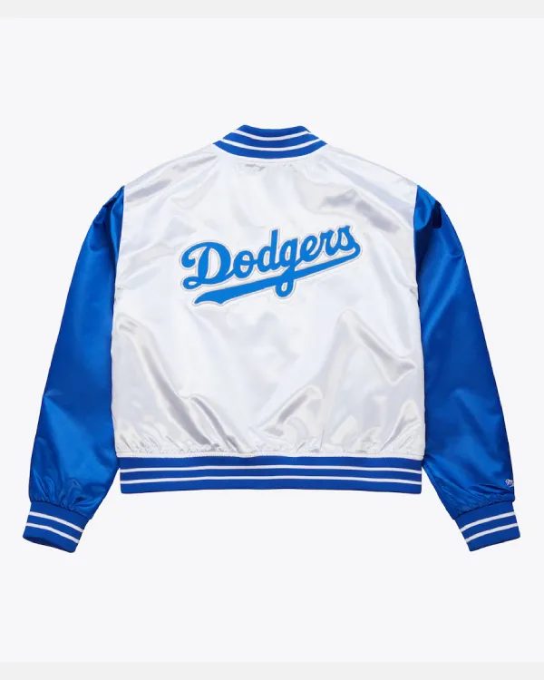 Buy Mitchell and Ness Women’s White Los Angeles Dodgers Cropped Satin Full-Snap Jacket on Sale Back