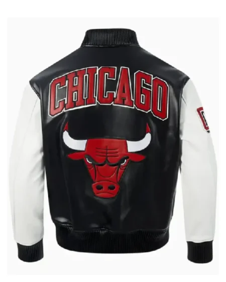 Buy NBA Chicago Bulls Black and White Leather Bomber Jacket For Men and Women Sale