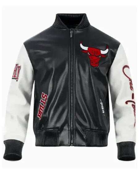 Buy NBA Chicago Bulls Black and White Leather Bomber Jacket For Men and Women Sale