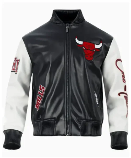 Buy NBA Chicago Bulls Black and White Leather Bomber Jacket For Men and Women Sale