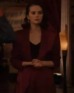 Buy Only Murders in the Building S05 Selena Gomez Burgundy Blazer Deep Red Satin Finish with Wide Notched Lapels & Structured Shoulder Pads