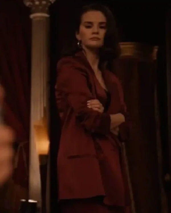 Buy Only Murders in the Building S05 Selena Gomez Burgundy Blazer Deep Red Satin Finish with Wide Notched Lapels & Structured Shoulder Pads Sale
