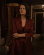 Buy Only Murders in the Building S05 Selena Gomez Burgundy Blazer Deep Red Satin Finish with Wide Notched Lapels & Structured Shoulder Pads Sale frount