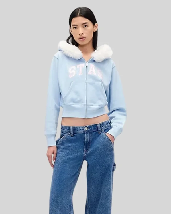 Buy Re-Creation – Unisex Gap × Sandy Liang Vegan Fur-Trim Crop Zip Blue Hoodie _ Sandy Liang GAP Star Hoodie For Sale