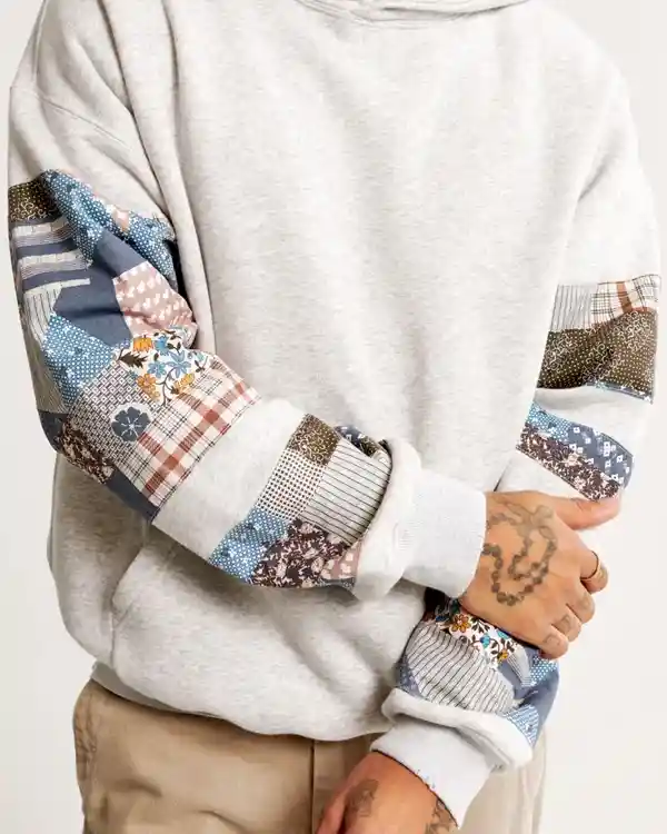 Buy Recreated - Abercrombie and Fitch Patchwork Sleeve Hoodie Grey For Sale