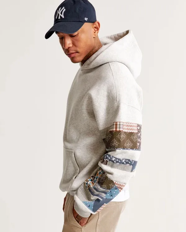 Buy Recreated - Abercrombie and Fitch Patchwork Sleeve Hoodie Grey Sale Site post