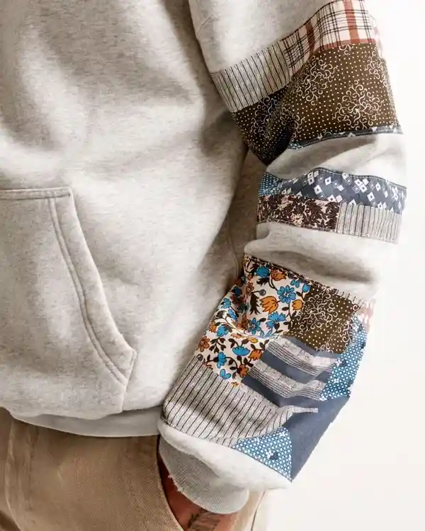 Buy Recreated - Abercrombie and Fitch Patchwork Sleeve Hoodie Grey Sale Sleeves