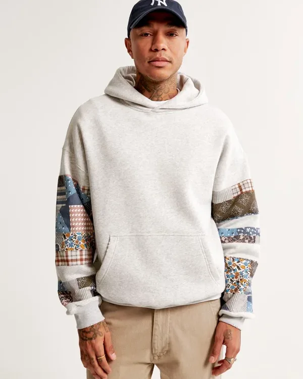 Buy Recreated - Abercrombie and Fitch Patchwork Sleeve Hoodie Grey