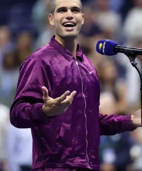 Buy Spanish Tennis Star Carlos Alcaraz 2025 US Open USTA National Tennis Center Full-Zip Purple Satin Jacket
