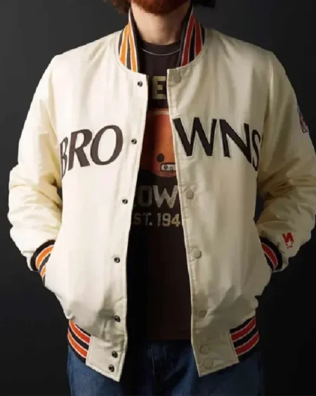 Buy Starter Bomber Cleveland Browns 90’s White Satin Full-Snap Jacket