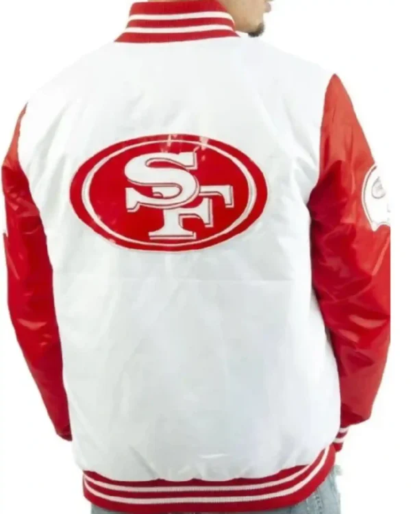 Buy Starter San Francisco 49ers Helmet Red and White Varsity Satin Bomber Jacket Sale