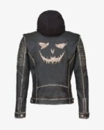 Buy The Killing Suicide Squad Joker Distressed Black Leather Biker Hooded Jacket with Graphic Back Design Sale Back
