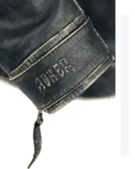 Buy The Killing Suicide Squad Joker Distressed Black Leather Biker Hooded Jacket with Graphic Back Design Sale Cuffs