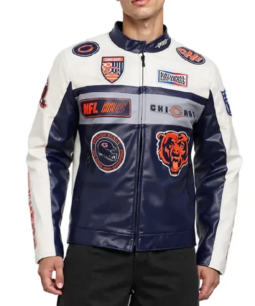 Chicago Bears Moto Navy and White Leather Jacket
