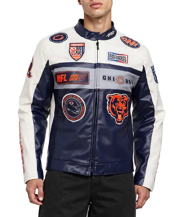 Chicago Bears Moto Navy and White Leather Jacket