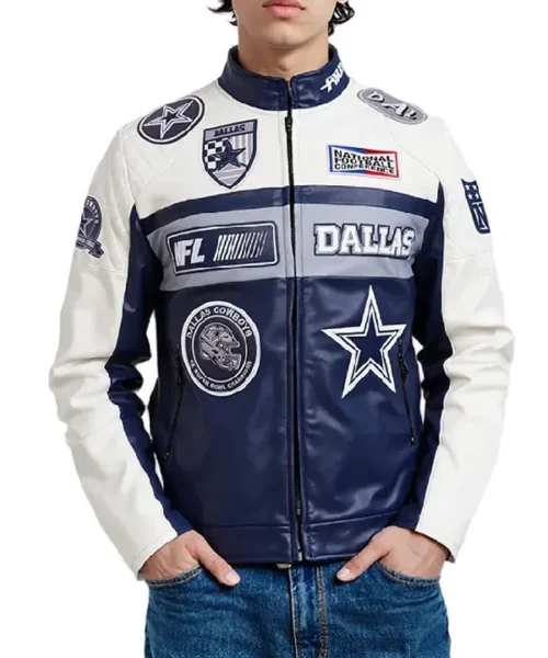 Dallas Cowboys Moto Navy and White Leather Jacket