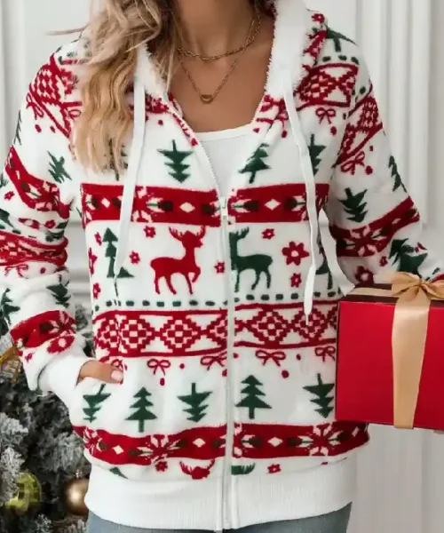 Drawstring Christmas Element Hooded Jacket