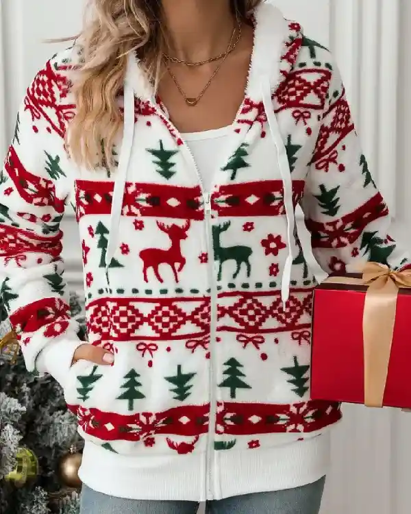 Drawstring Christmas Element Hooded Jacket