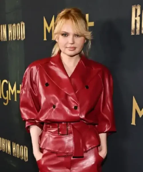 Elena Matei Robin Hood Premiere 2025 Red Leather Jacket