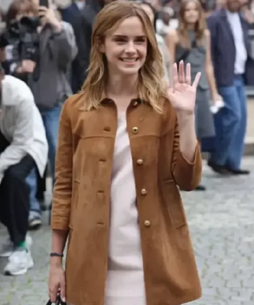 Emma Watson Paris Fashion Week Suede Leather Jacket