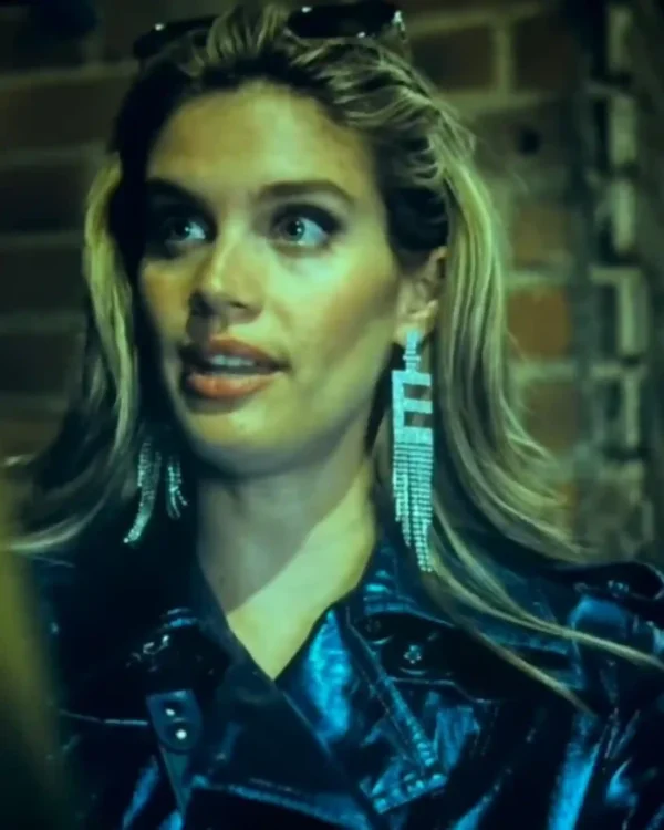 Eve Teschmacher Superman Movie 2025 Sara Sampaio Asymmetrical Zip Belted Biker Short Trench Coat – Electric Blue Glossy Coat
