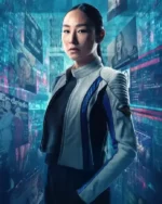 Greta Lee Movie Tron Ares 2025 Eve Kim Motorcycle White Leather Jackets