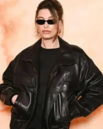Hailey Bieber PFW 2025 Black Leather Jacket