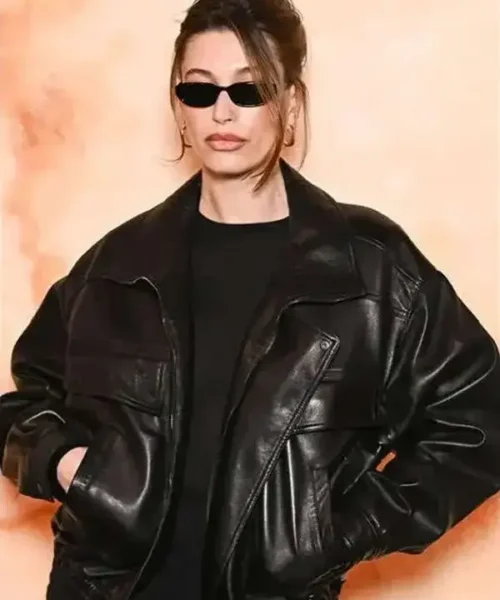 Hailey Bieber PFW 2025 Black Leather Jacket