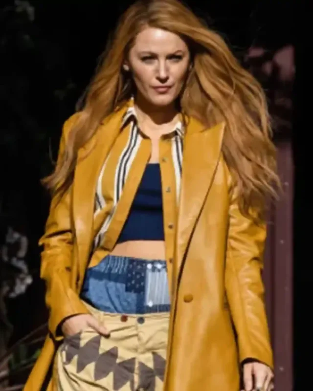 It Ends With Us 2024 Blake Lively Mustard Leather Coat