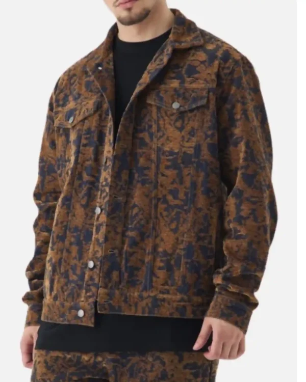 Jay Will TV Series Tulsa King S03 Episode 1 Tyson Mitchell Velour Printed Burnout Denim Jacket _ Brown
