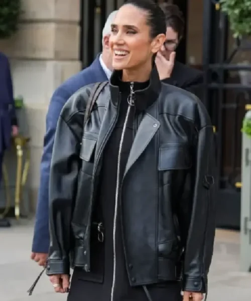 Jennifer Connelly PFW 2025 Black Leather Jacket
