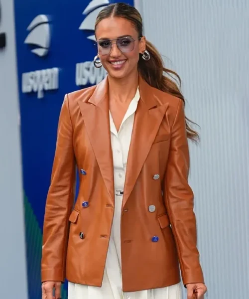Jessica Alba Tennis Championships Brown Leather Blazer