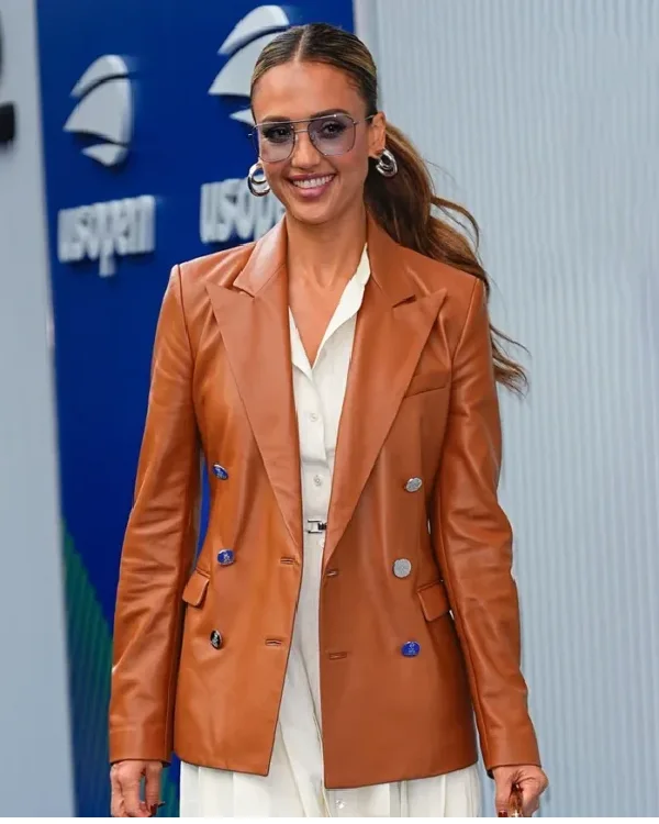 Jessica Alba Tennis Championships Brown Leather Blazer
