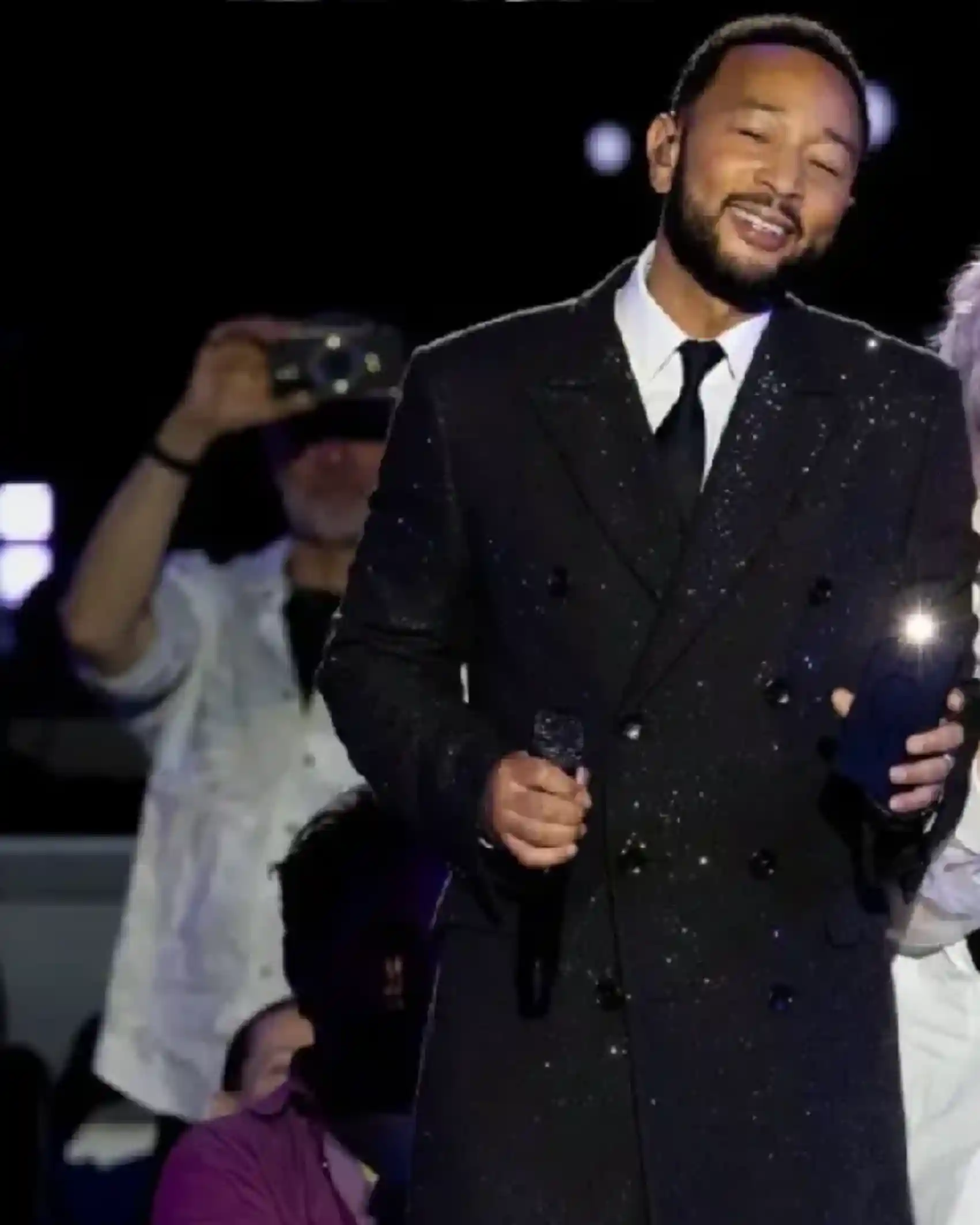 John Legend A GRAMMY Salute to Cyndi Lauper Shine Sparkly Texture Double-Breasted Black Long Coat