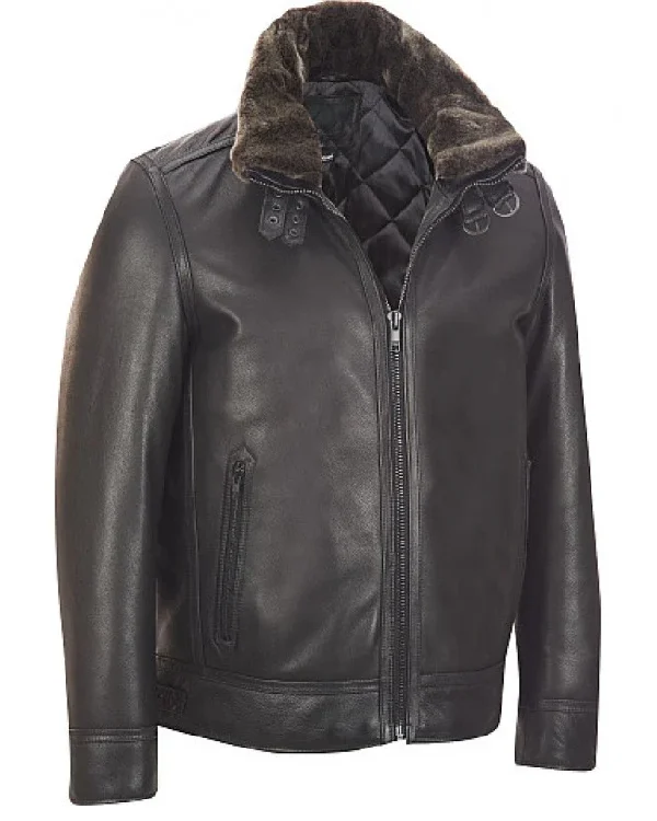 Leather Bomber Jacket With Detachable Faux Fur Collar