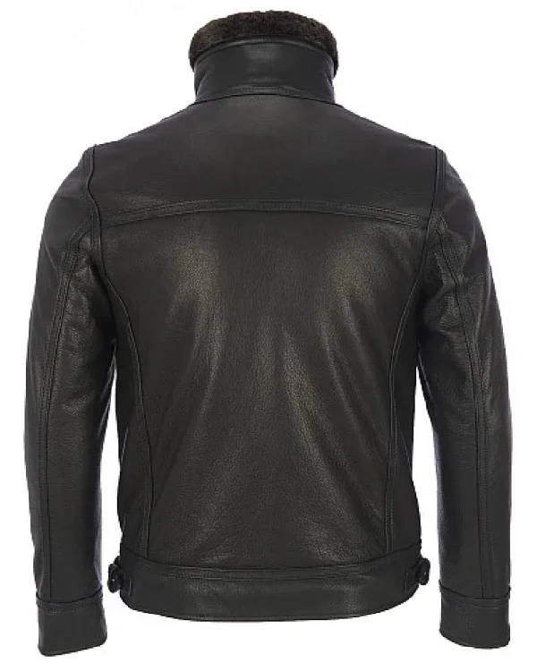 Leather Bomber Jacket With Detachable Faux Fur Collar