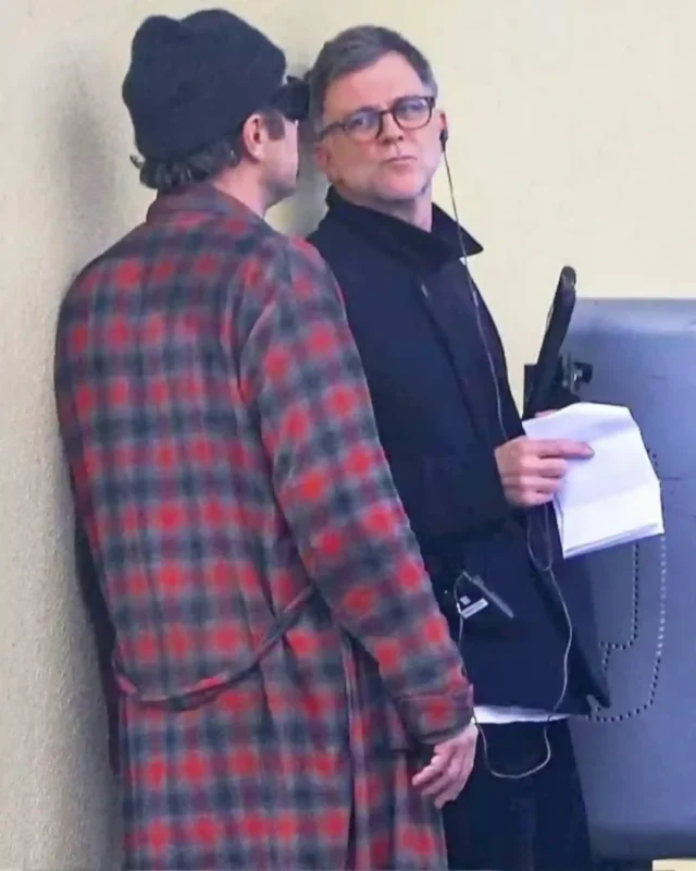 Leonardo DiCaprio One Battle After Another 2025 Robe Style Red Plaid Flannel Coat – Shawl Collar Patch Pockets