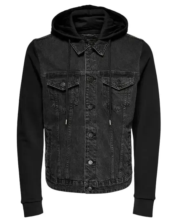 Mens Bomber Black Denim Hooded Jacket