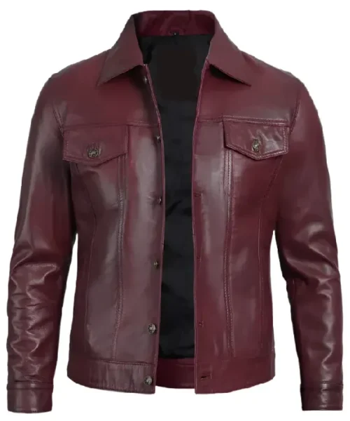 Men's Lambskin Leather Maroon Trucker Jacket