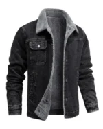 Men’s Slim Fit Black Denim Shearling Lining Jacket