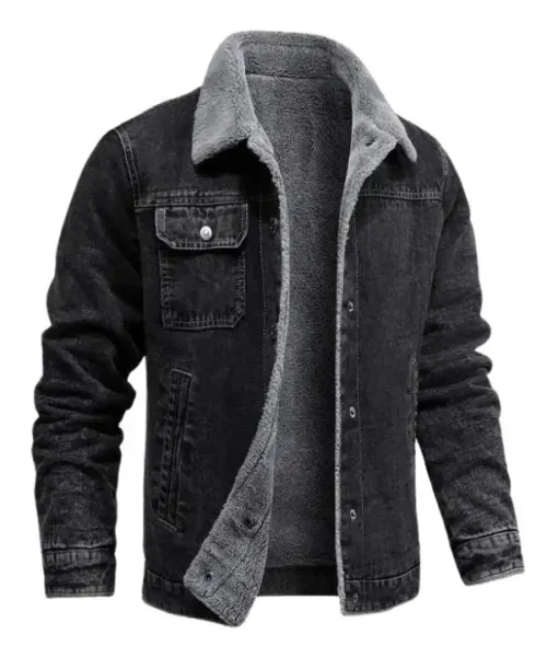 Men’s Slim Fit Black Denim Shearling Lining Jacket