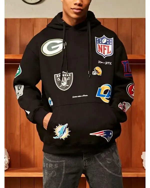 NFL Oversized Multi Team Badge Black Pullover Hoodie
