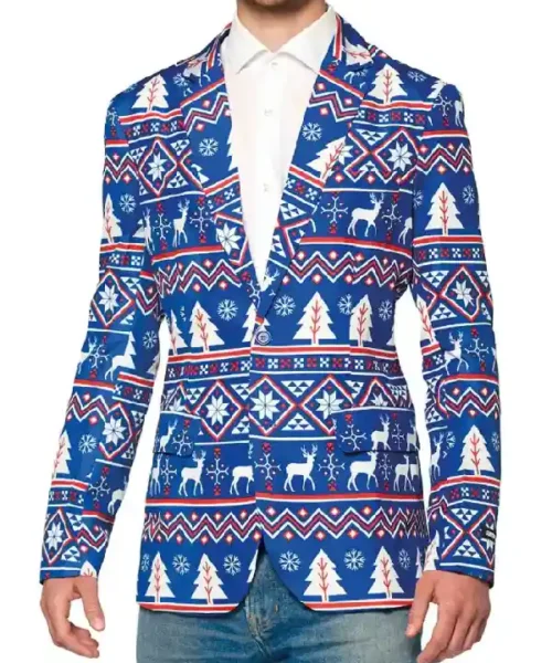Nordic Christmas Printed Blue Blazer