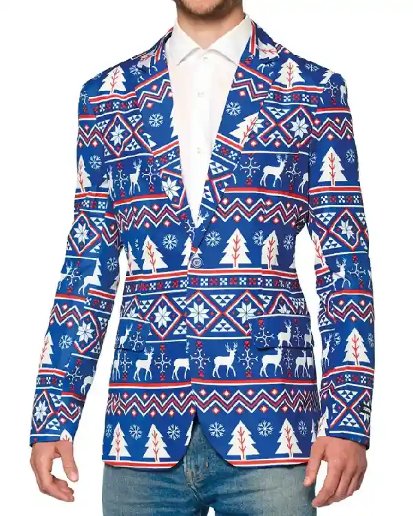 Nordic Christmas Printed Blue Blazer