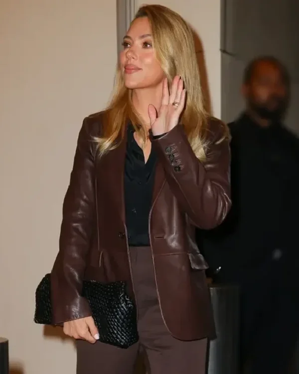 Order Actress Scarlett Johansson NYC Eleanor the Great 2025 Brown Leather Blazer Sale