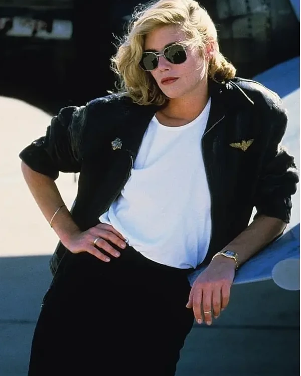 Order Charlie Top Gun Pilot Kelly McGillis Black Slim Fit Leather Jacket with Patch on Sale