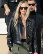 Order Charlize Theron Paris Fashion Week 2025 Black Cropped Leather Moto Jacket Sale