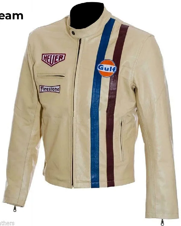 Order Michael Delaney Le Mans Steve McQueen Leather Jacket For Sale Cream