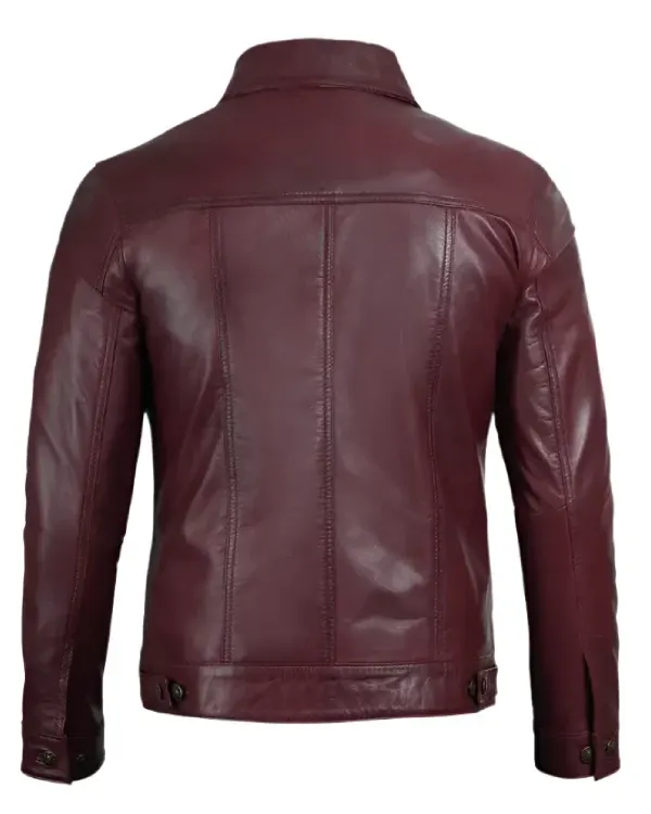Order Recreation Lambskin Leather Maroon Trucker Jacket For Men's Sale